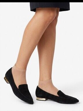 Goldie Black Suede Loafers with Gold Heel Detail